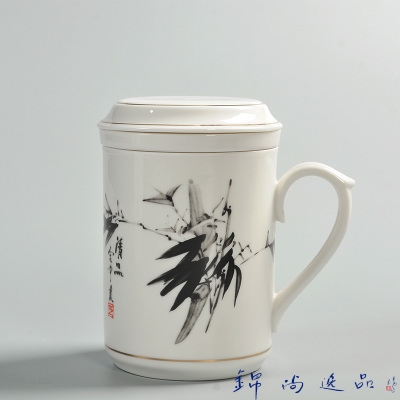 創意帶蓋茶水過濾泡茶杯定制大容量懷舊為人民服務陶瓷喝茶杯子原始圖片2