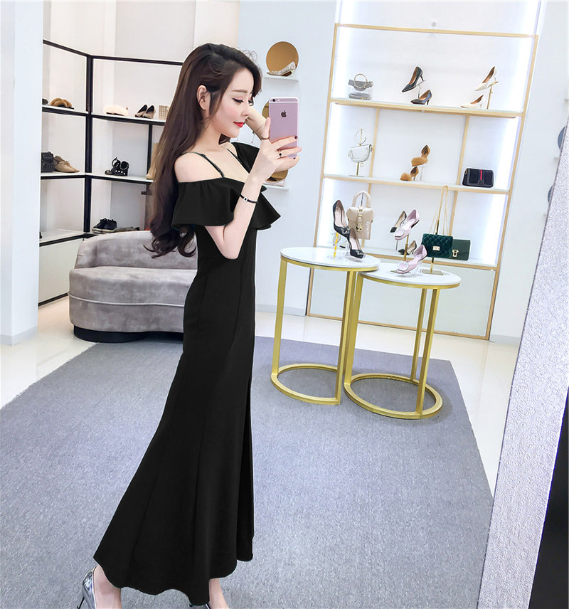 127#晚禮服2018新款端莊大氣優雅性感開叉長款吊帶一字肩魚尾長裙