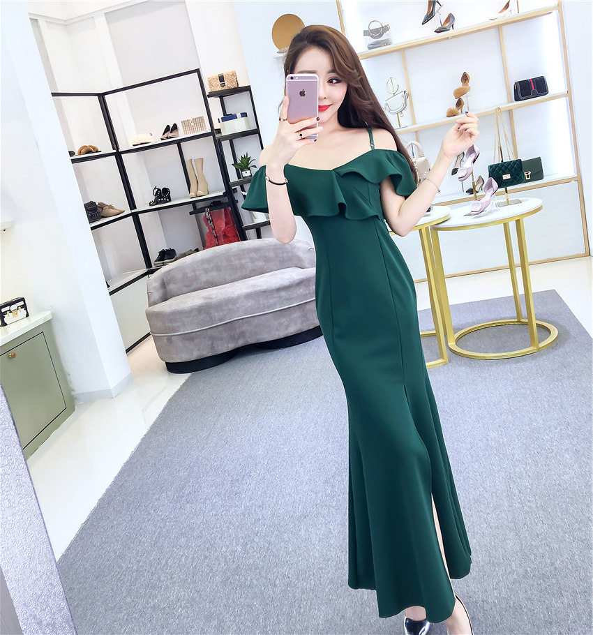 127#晚禮服2018新款端莊大氣優雅性感開叉長款吊帶一字肩魚尾長裙